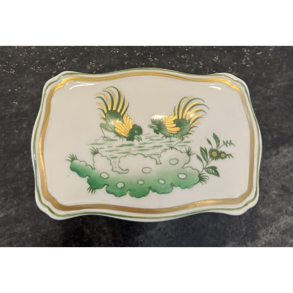 Vtg RICHARD GINORI Italy Porcelain SIENA GREEN CHICKEN 4" Cigarette Trinket Box
